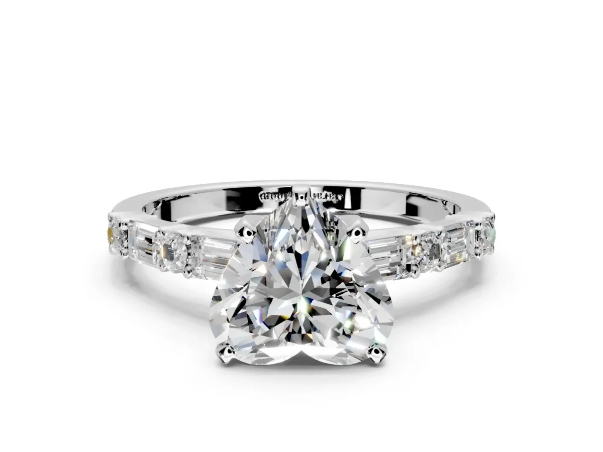 Baguette Engagement Ring Setting for Heart-Shaped Center with Alternating Bar-Set Band and Prong Head in White Gold