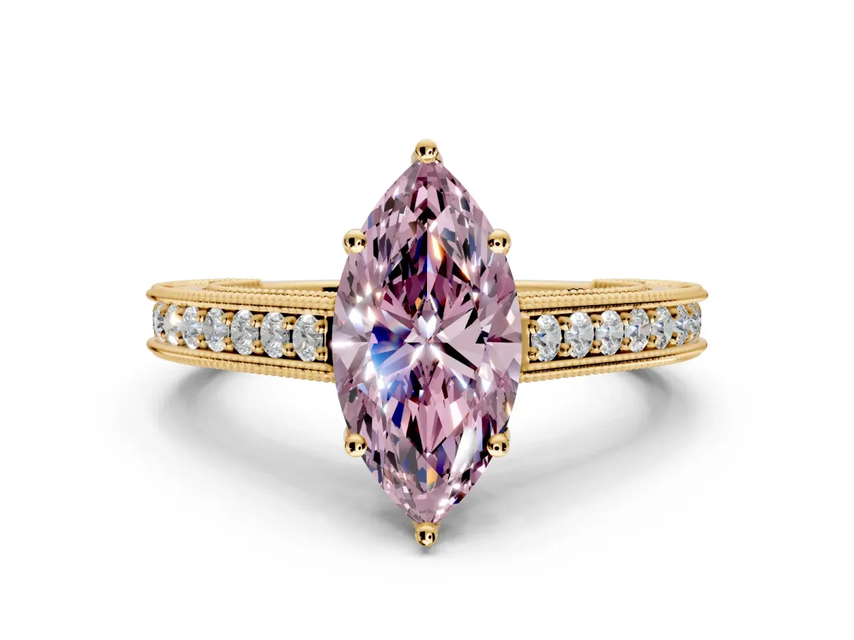 Solitaire Engagement Ring Setting for Fancy Pink Marquise Center with Engraved Pave Band and Prong Head in Yellow Gold