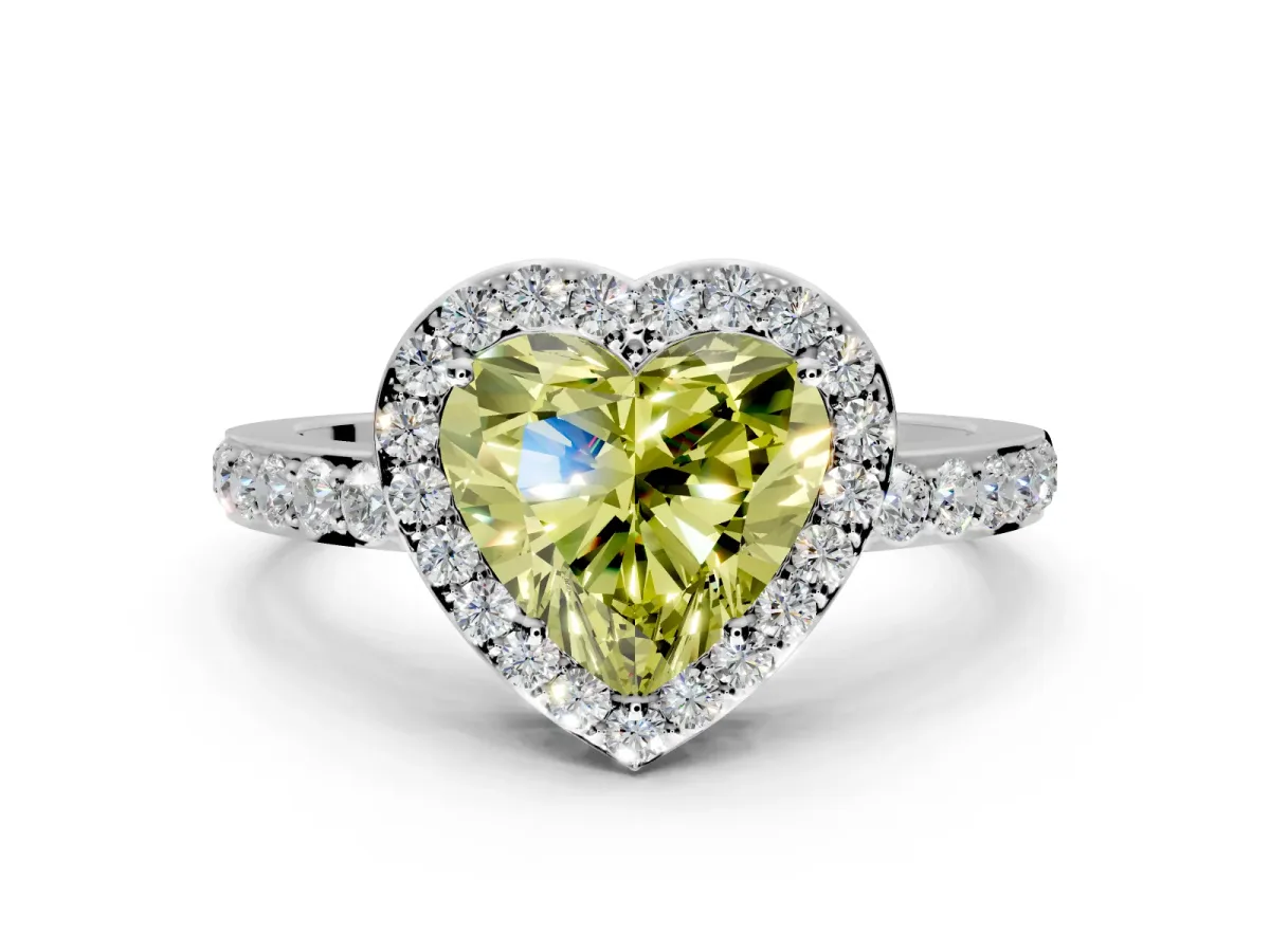 Halo Engagement Ring Setting for Fancy Yellow Heart-Shaped Center with Heart-Shaped Openwork, Pave Band and Prong Head in White Gold