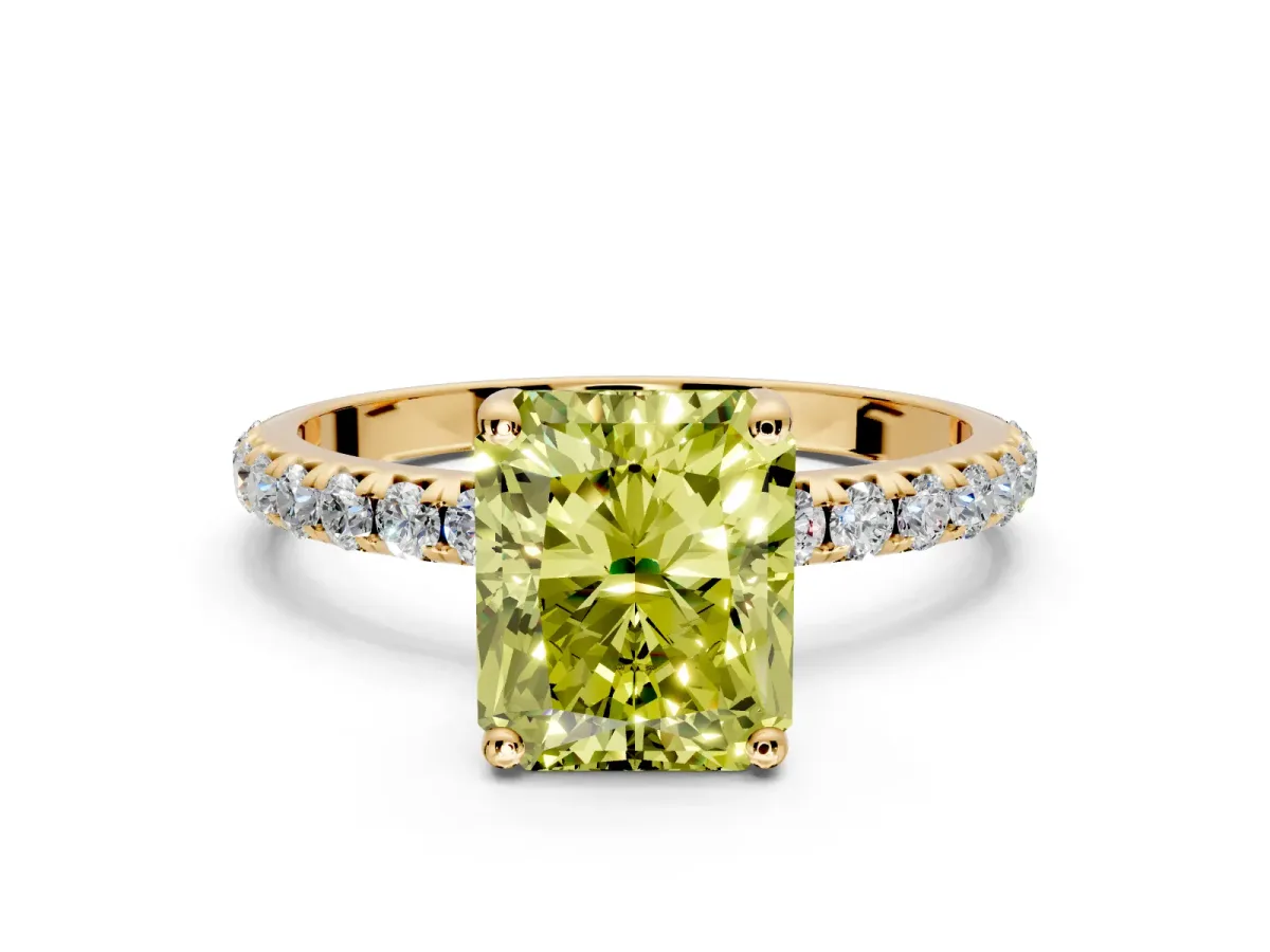Solitaire Engagement Ring Setting for Fancy Yellow Radiant Cut Center with Micro Pave Band and Prong Head in Yellow Gold