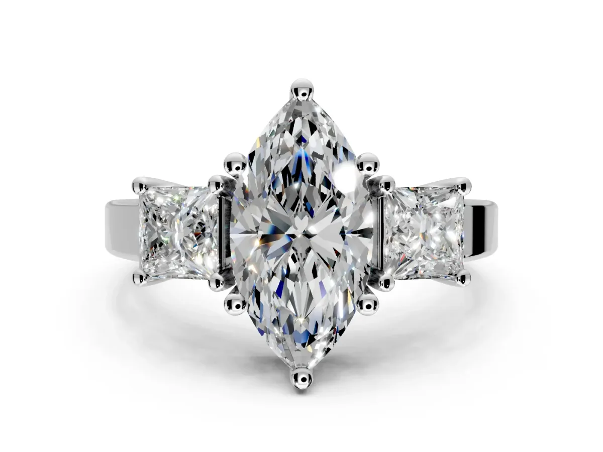 3 Stone Engagement Ring Setting for Marquise Center with Matching Side Accents and Prong Head in Sterling Silver
