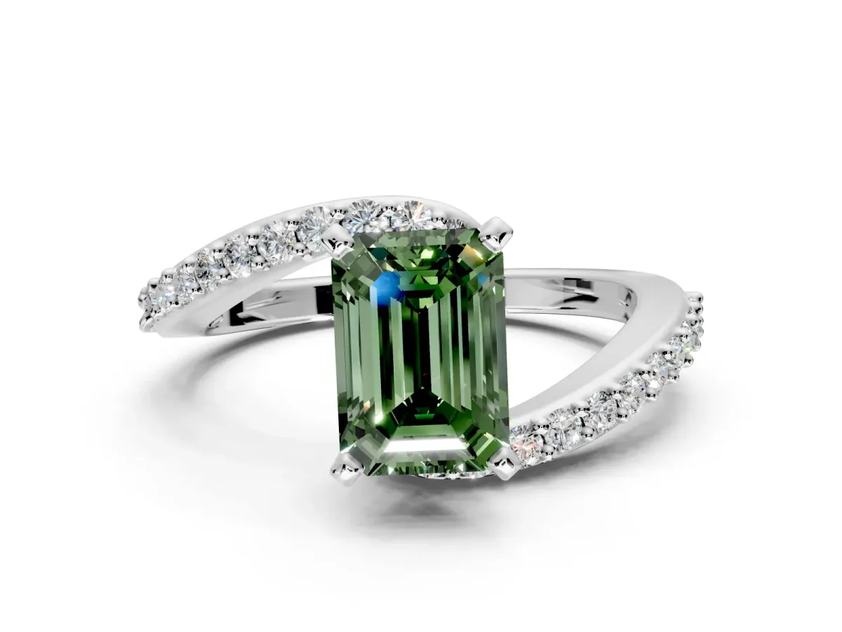 Solitaire Engagement Ring Setting for Fancy Green Emerald Cut Center with Pave Bypass Swirl Band and Prong Head in Platinum
