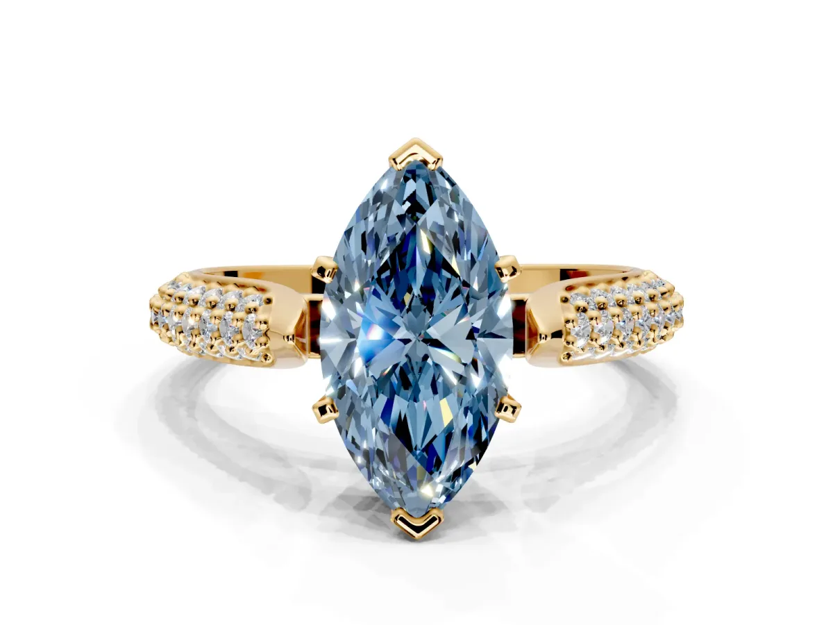 Solitaire Engagement Ring Setting for Fancy Blue Marquise Center with Multi-Row Accents and Prong Head in Yellow Gold