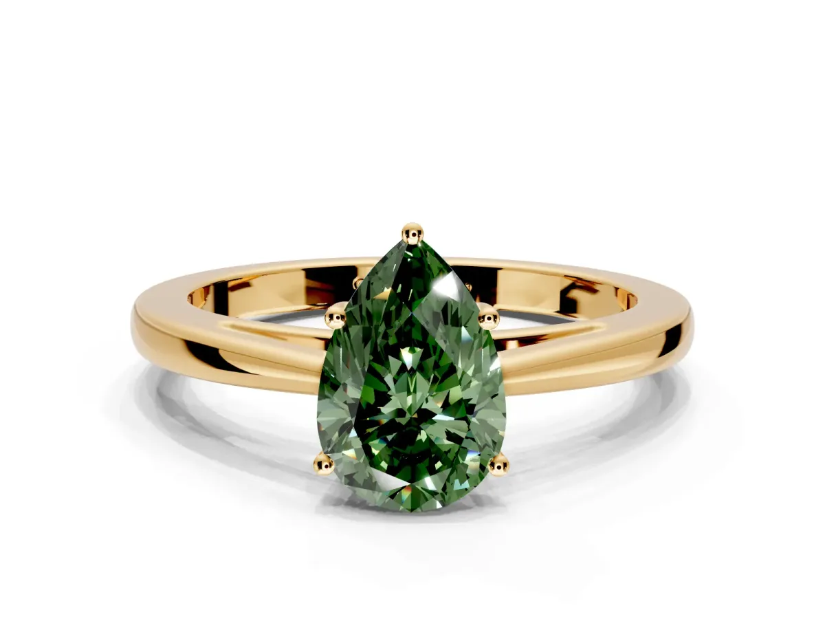 Solitaire Engagement Ring Setting for Fancy Green Pear-Shaped Center with Open Cathedral Shoulders and Prong Head in Yellow Gold