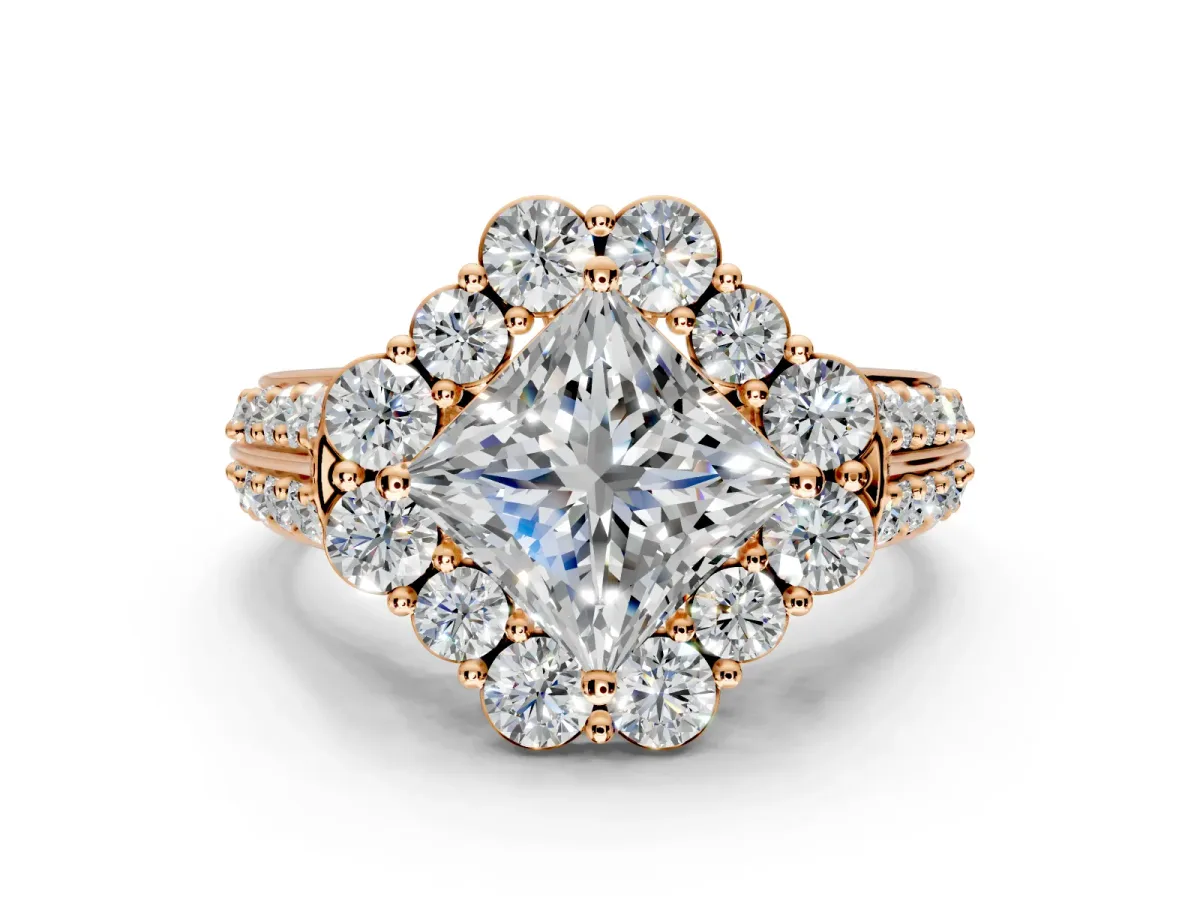 Large Accent Halo Engagement Ring Setting for Princess Cut Center with Pave Split Shank and Prong Head in Rose Gold