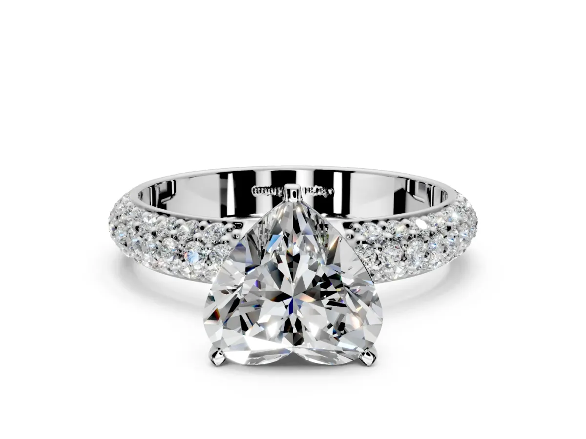 Solitaire Engagement Ring Setting for Heart-Shaped Center with Domed Multi-Row Pave Band and Prong Head in Platinum
