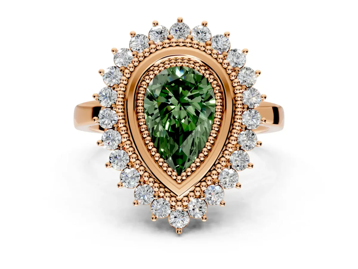 Halo Engagement Ring Setting for Fancy Green Pear-Shaped Center with Milgrain Bezel Rim, Plain Band and Prong Head in Rose Gold