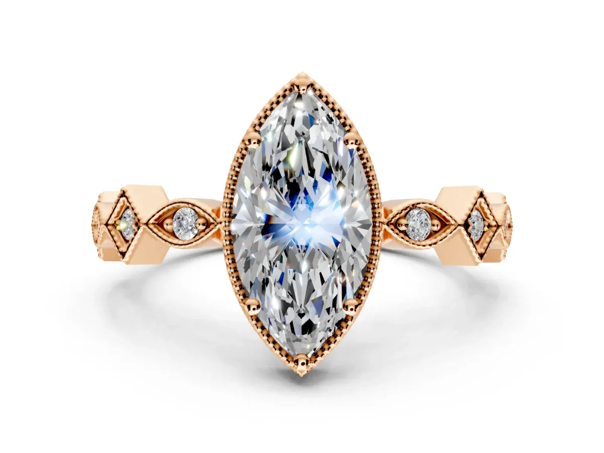 Milgrain Bezel Engagement Ring Setting for Marquise Center with Marquise Stations and Bezel Head in Rose Gold