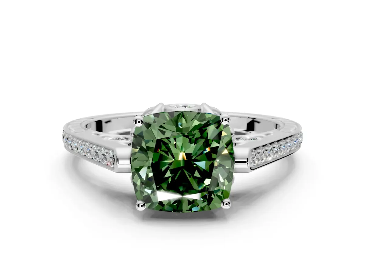 Cathedral Engagement Ring Setting for Fancy Green Cushion Cut Center with Antique-Style Pave Band and Prong Head in Sterling Silver