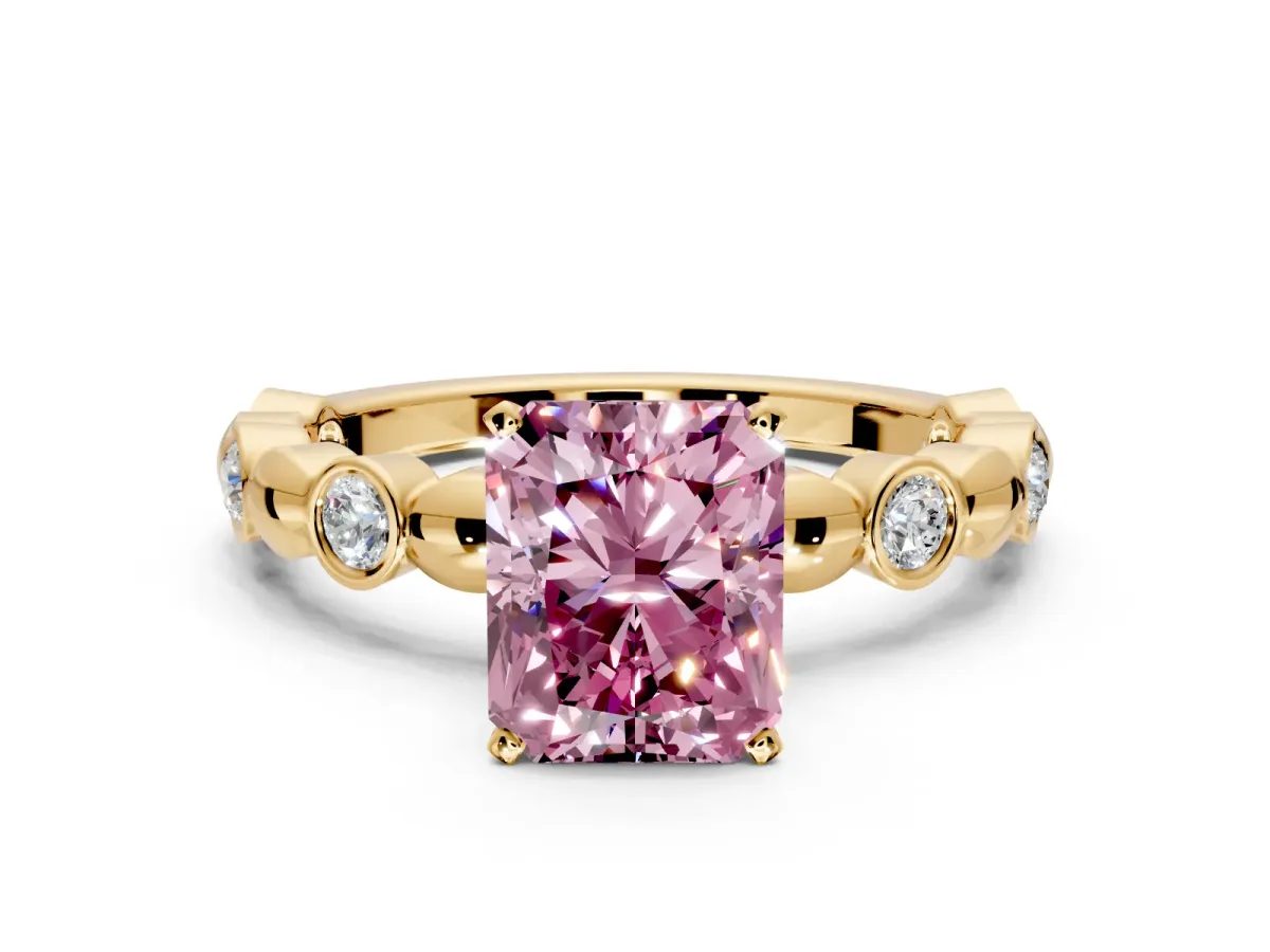 Solitaire Engagement Ring Setting for Fancy Pink Radiant Cut Center with Beaded Bezel Station Band and Prong Head in Yellow Gold