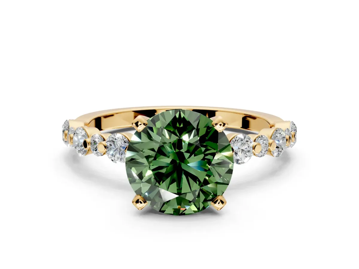 Solitaire Engagement Ring Setting for Fancy Green Round Cut Center with Alternating Size Accents and Prong Head in Yellow Gold