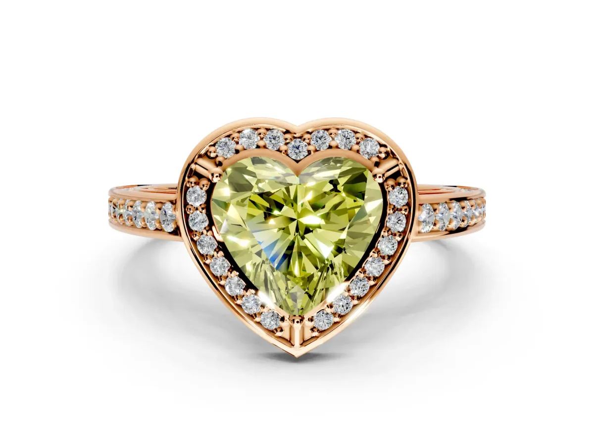 Halo Engagement Ring Setting for Fancy Yellow Heart-Shaped Center with Framed Halo, Pave Band and Prong Head in Rose Gold
