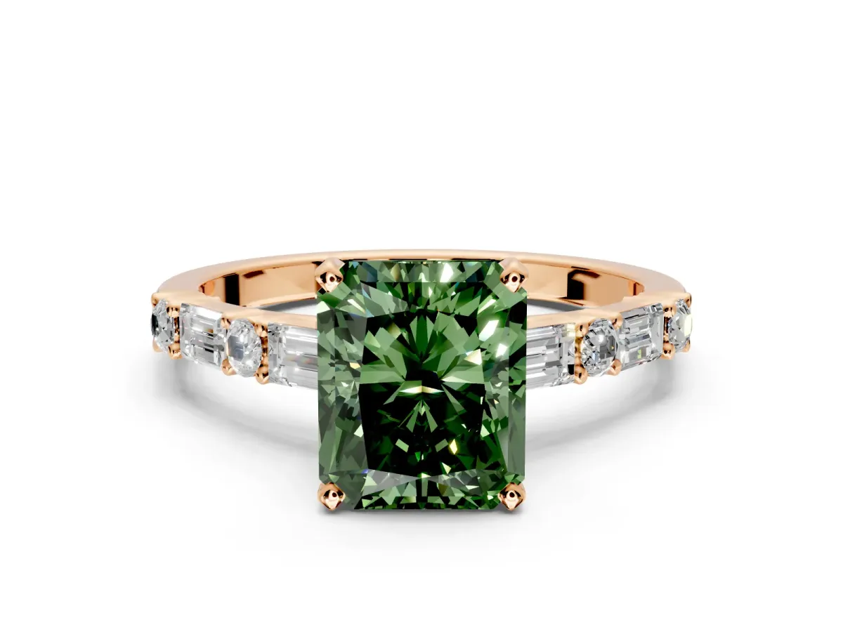 Baguette Engagement Ring Setting for Fancy Green Radiant Cut Center with Alternating Bar-Set Band and Prong Head in Rose Gold