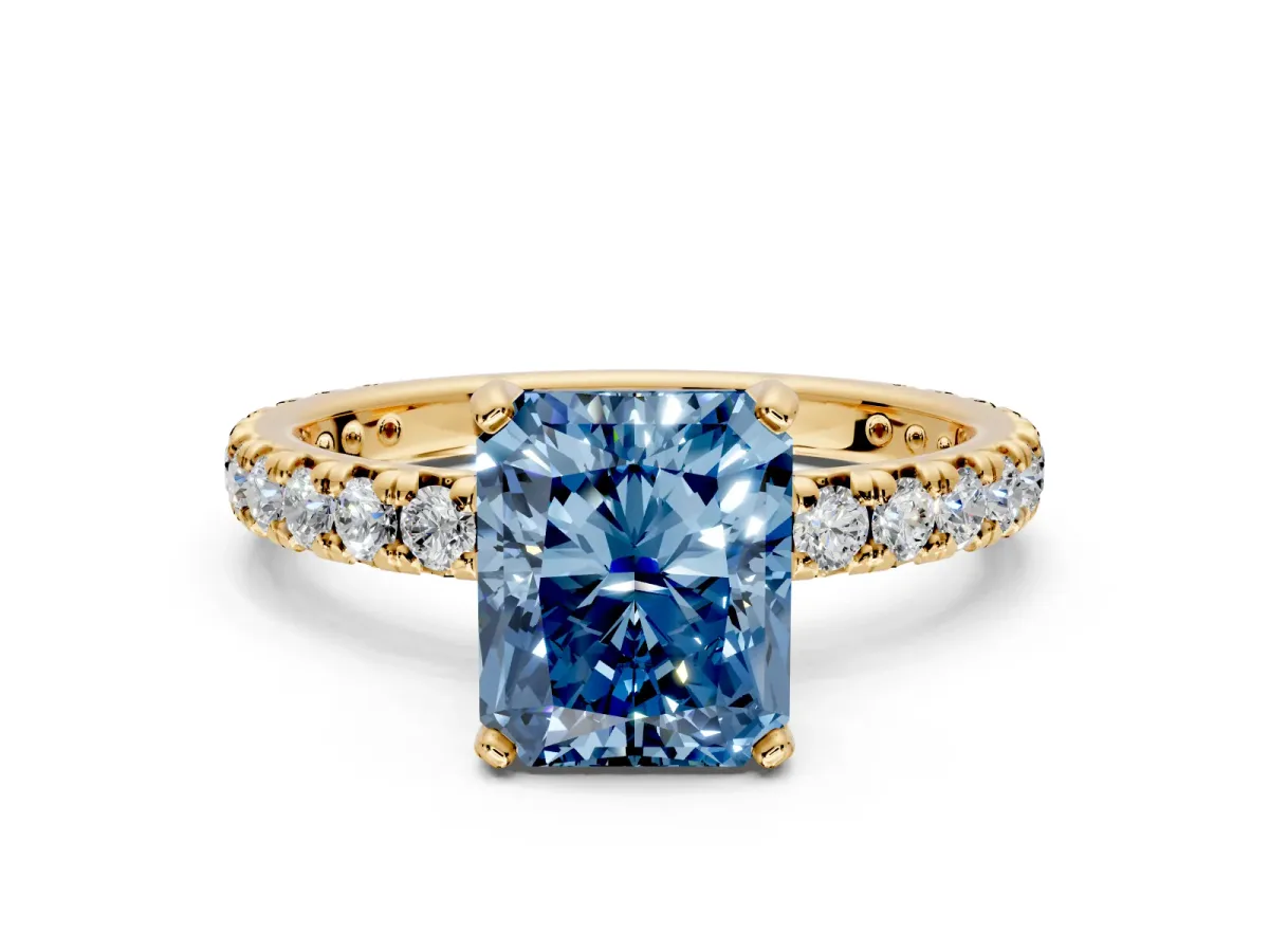Solitaire Engagement Ring Setting for Fancy Blue Radiant Cut Center with Shared-Prong Accents and Prong Head in Yellow Gold