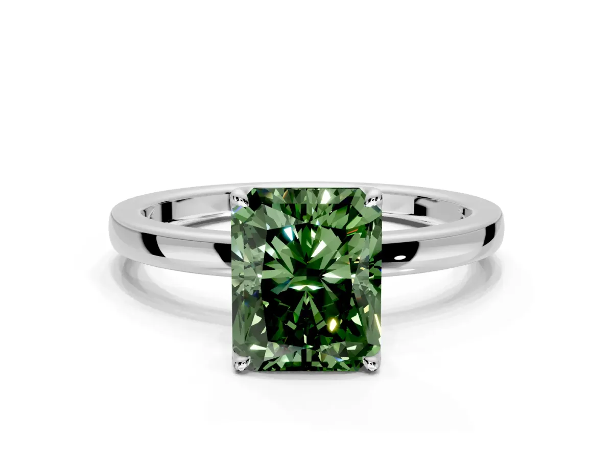 Solitaire Engagement Ring Setting for Fancy Green Radiant Cut Center with Thin Rounded Plain Band and Prong Head in Platinum