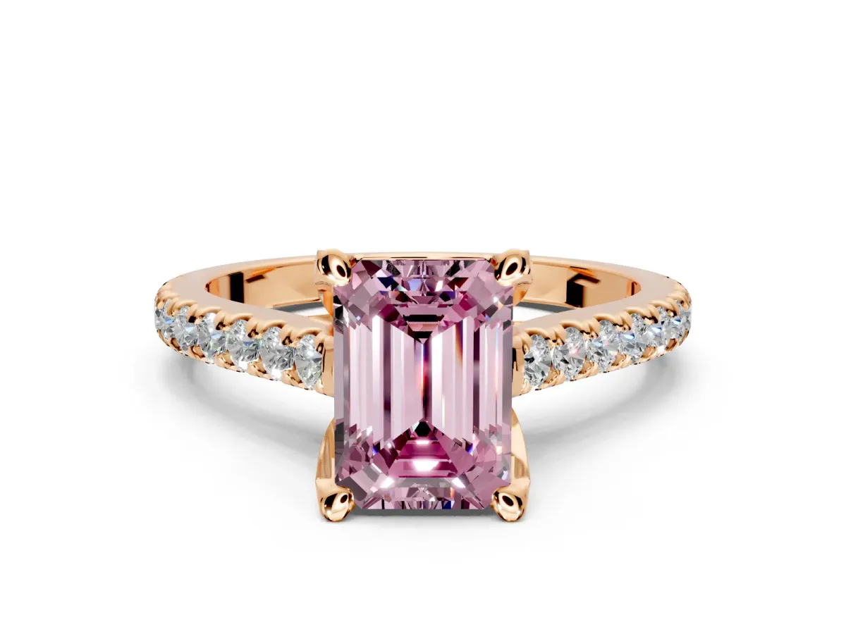 Solitaire Engagement Ring Setting for Fancy Pink Emerald Cut Center with Widening Pave Band and Claw Prong Head in Rose Gold