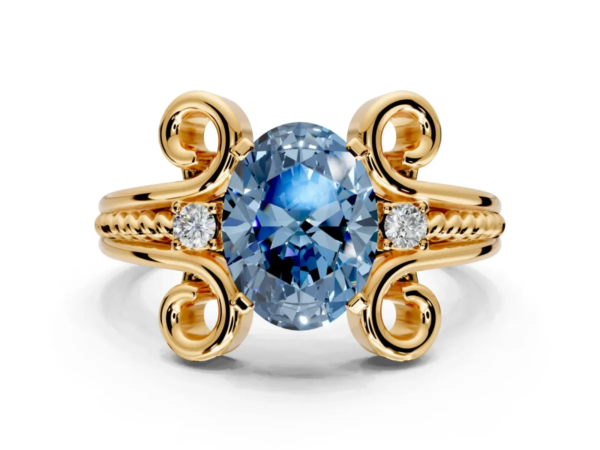 Solitaire Engagement Ring Setting for Fancy Blue Oval Center with Twisted Band and Scroll Prong Head in Yellow Gold