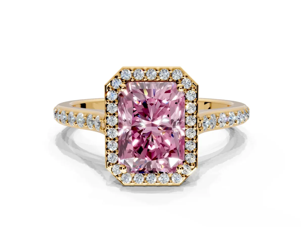Halo Engagement Ring Setting for Fancy Pink Radiant Cut Center with Pave Accents, Heart Basket and Prong Head in Yellow Gold