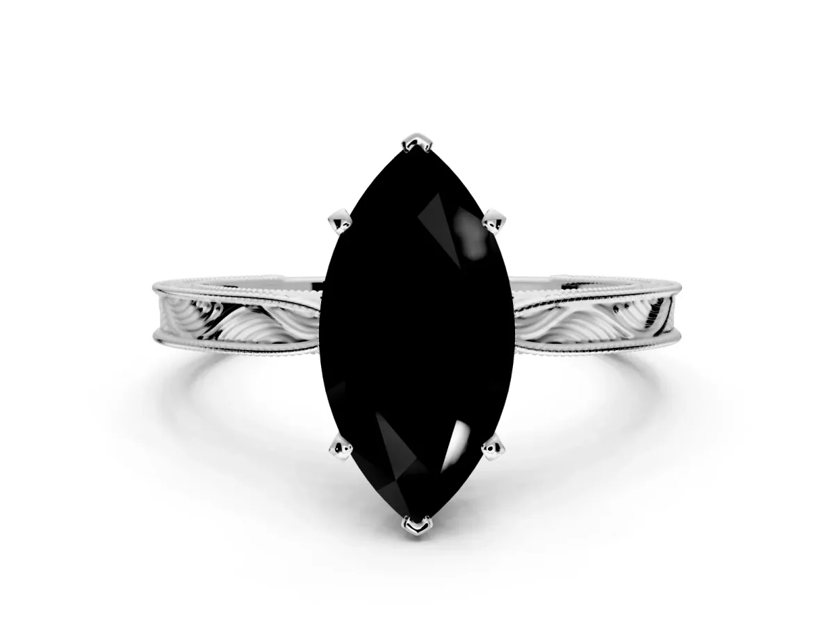 Solitaire Engagement Ring Setting for Fancy Black Marquise Center with Engraved Milgrain Band and Prong Head in Sterling Silver