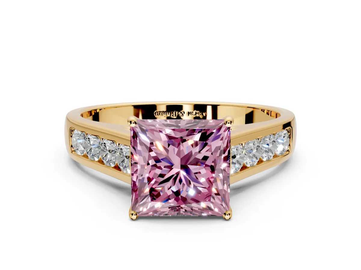 Solitaire Engagement Ring Setting for Fancy Pink Princess Cut Center with Cathedral Channel Band and Prong Head in Yellow Gold
