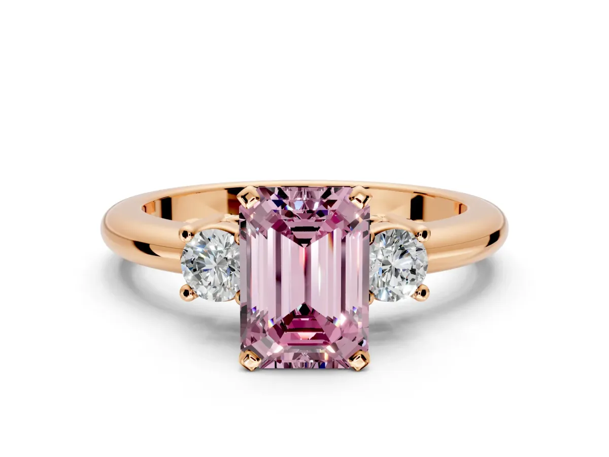 3 Stone Engagement Ring Setting for Fancy Pink Emerald Cut Center with Wide Plain Band and Prong Head in Rose Gold