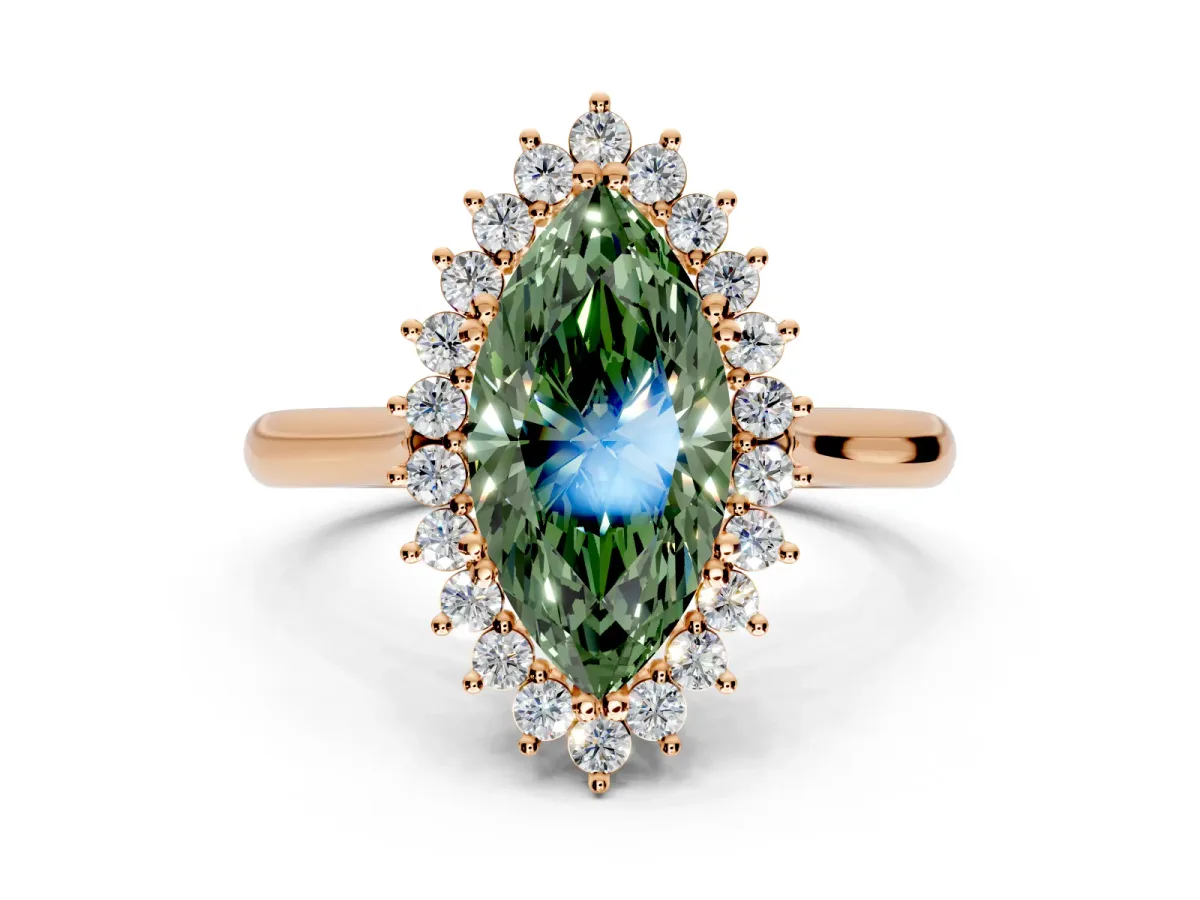 Starburst Halo Engagement Ring Setting for Fancy Green Marquise Center with Thin Round-Wire Band and Prong Head in Rose Gold