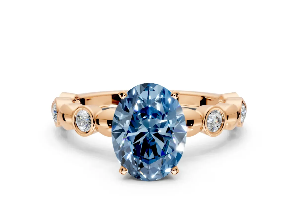 Solitaire Engagement Ring Setting for Fancy Blue Oval Center with Beaded Bezel Station Band and Prong Head in Rose Gold
