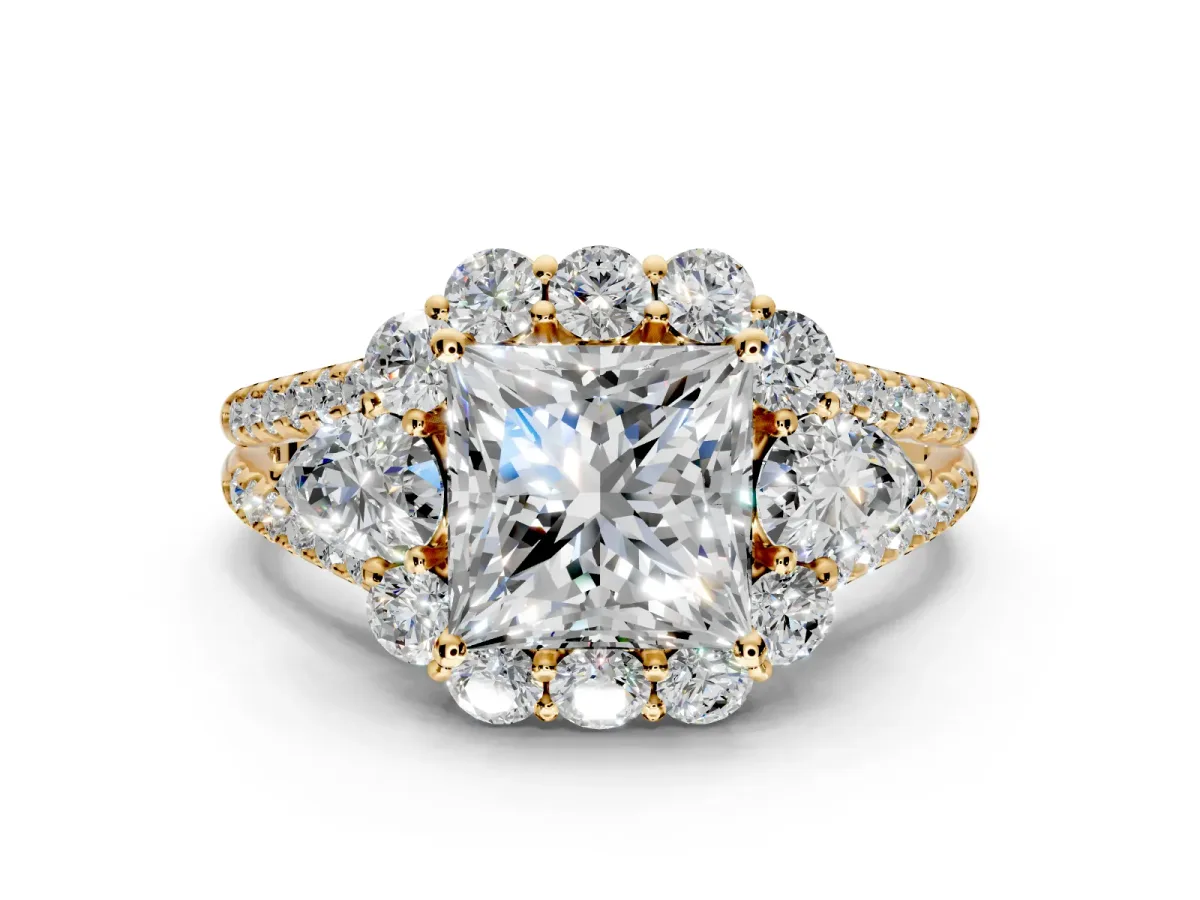 Halo Engagement Ring Setting for Princess Cut Center with Two-Strand Split Shank and Prong Head in Yellow Gold