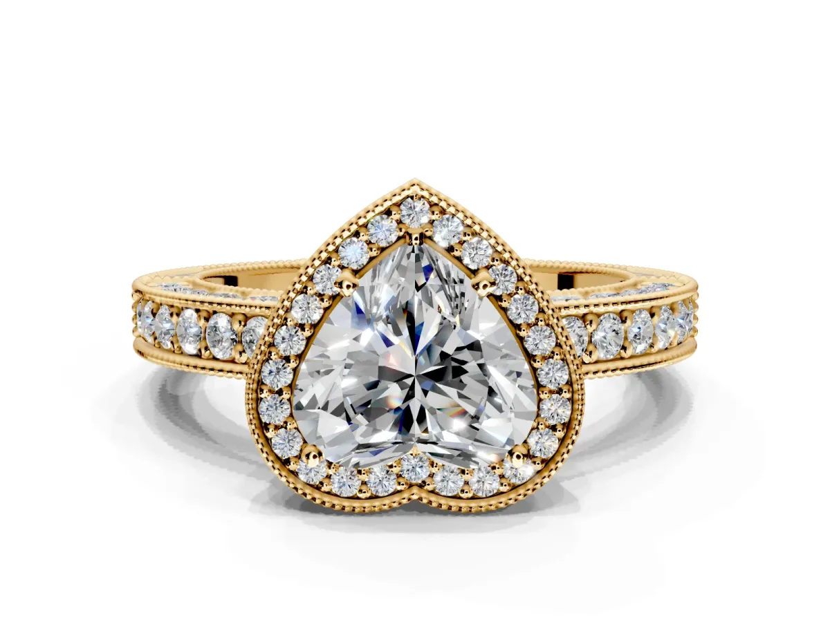 Milgrain Halo Engagement Ring Setting for Heart-Shaped Center with Wide Pave Band and Prong Head in Yellow Gold