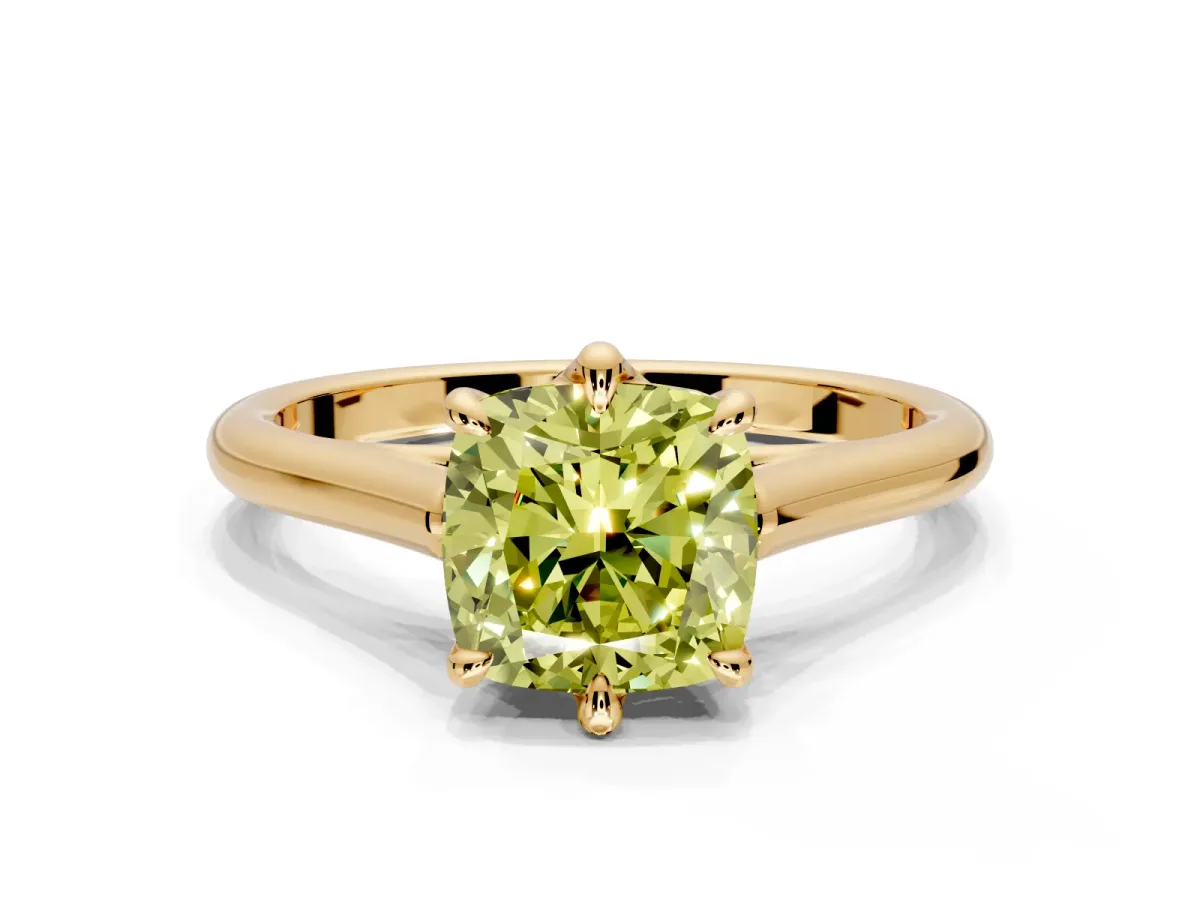 Solitaire Engagement Ring Setting for Fancy Yellow Cushion Cut Center with Cathedral Band and Prong Head in Yellow Gold