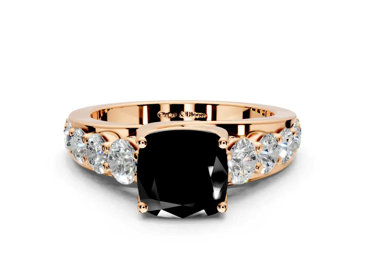 Solitaire Engagement Ring Setting for Fancy Black Cushion Cut Center with Graduated Shared Prongs and Prong Head in Rose Gold