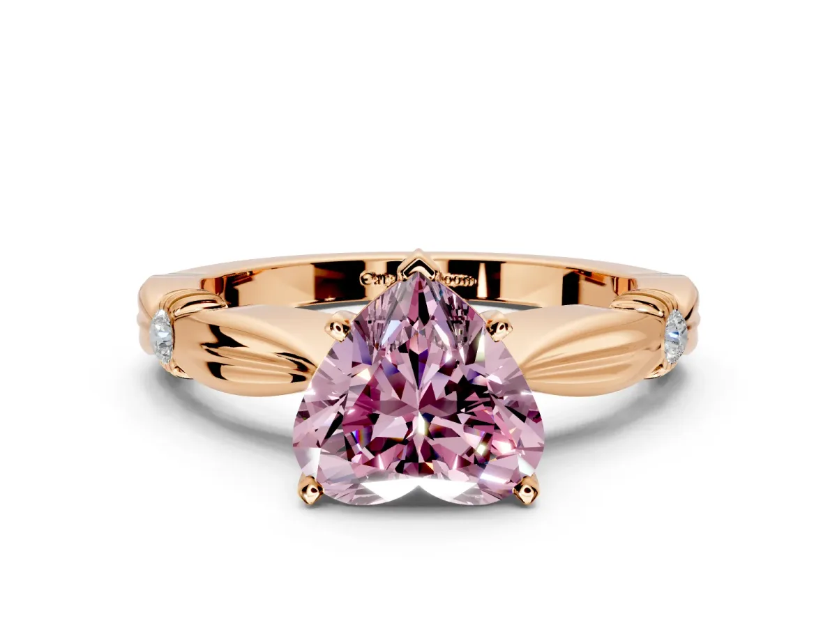 Solitaire Engagement Ring Setting for Fancy Pink Heart-Shaped Center with Carved Leaf Shoulders and Prong Head in Rose Gold