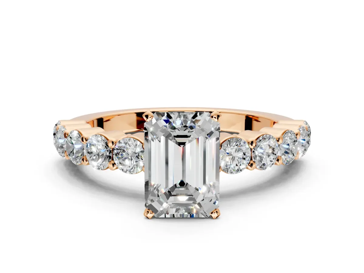 Shared-Prong Engagement Ring Setting for Emerald Cut Center with Graduated Accents and Prong Head in Rose Gold
