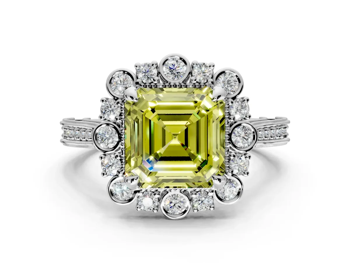 Milgrain Halo Engagement Ring Setting for Fancy Yellow Asscher Cut Center with Bezel Point Accents and Prong Head in Platinum