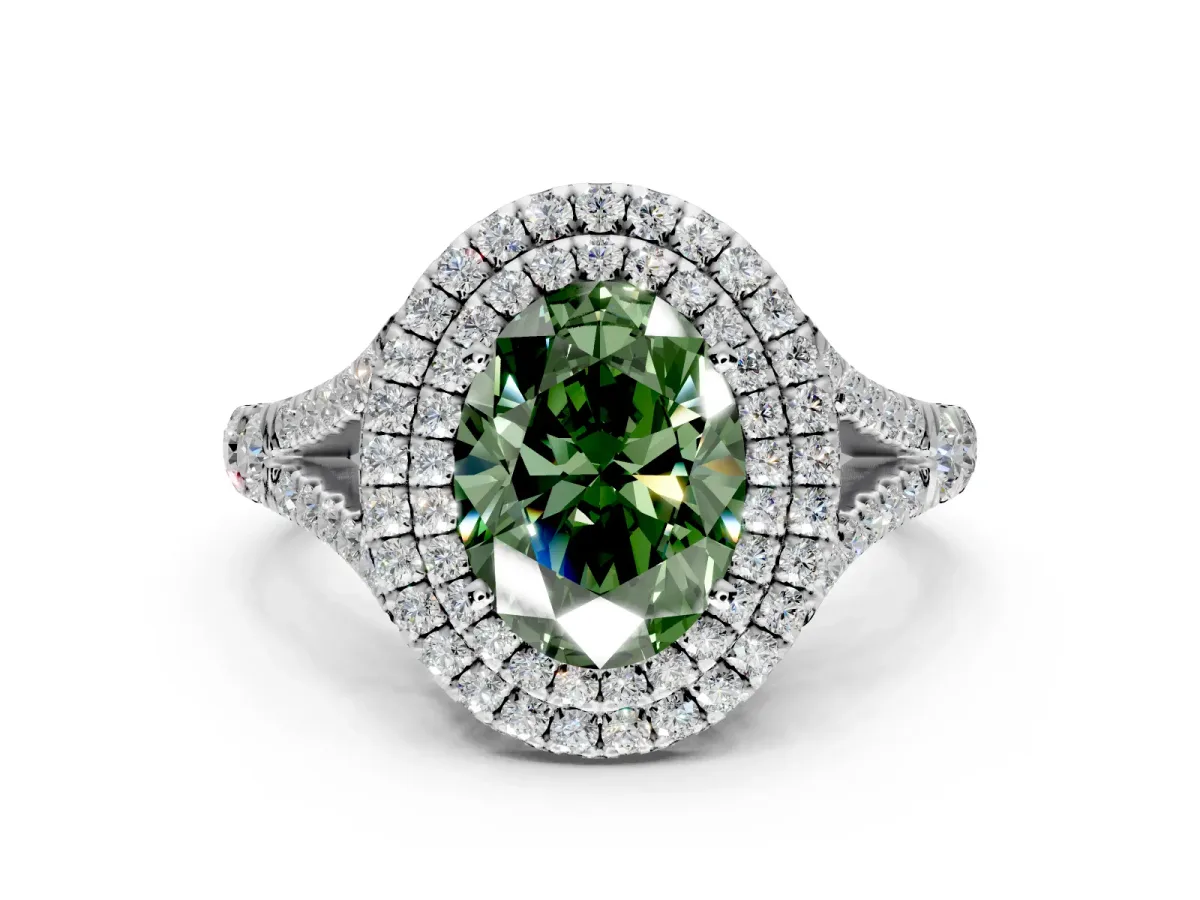 Double Halo Engagement Ring Setting for Fancy Green Oval Center with Narrow Pave Split Shank and Prong Head in Platinum