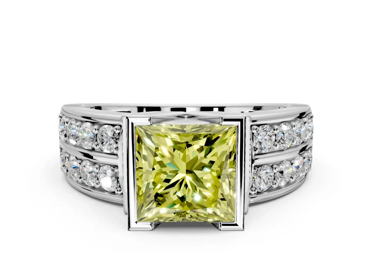 Bezel Engagement Ring Setting for Fancy Yellow Princess Cut Center with Wide Channel-Set Band and Bezel Head in Sterling Silver