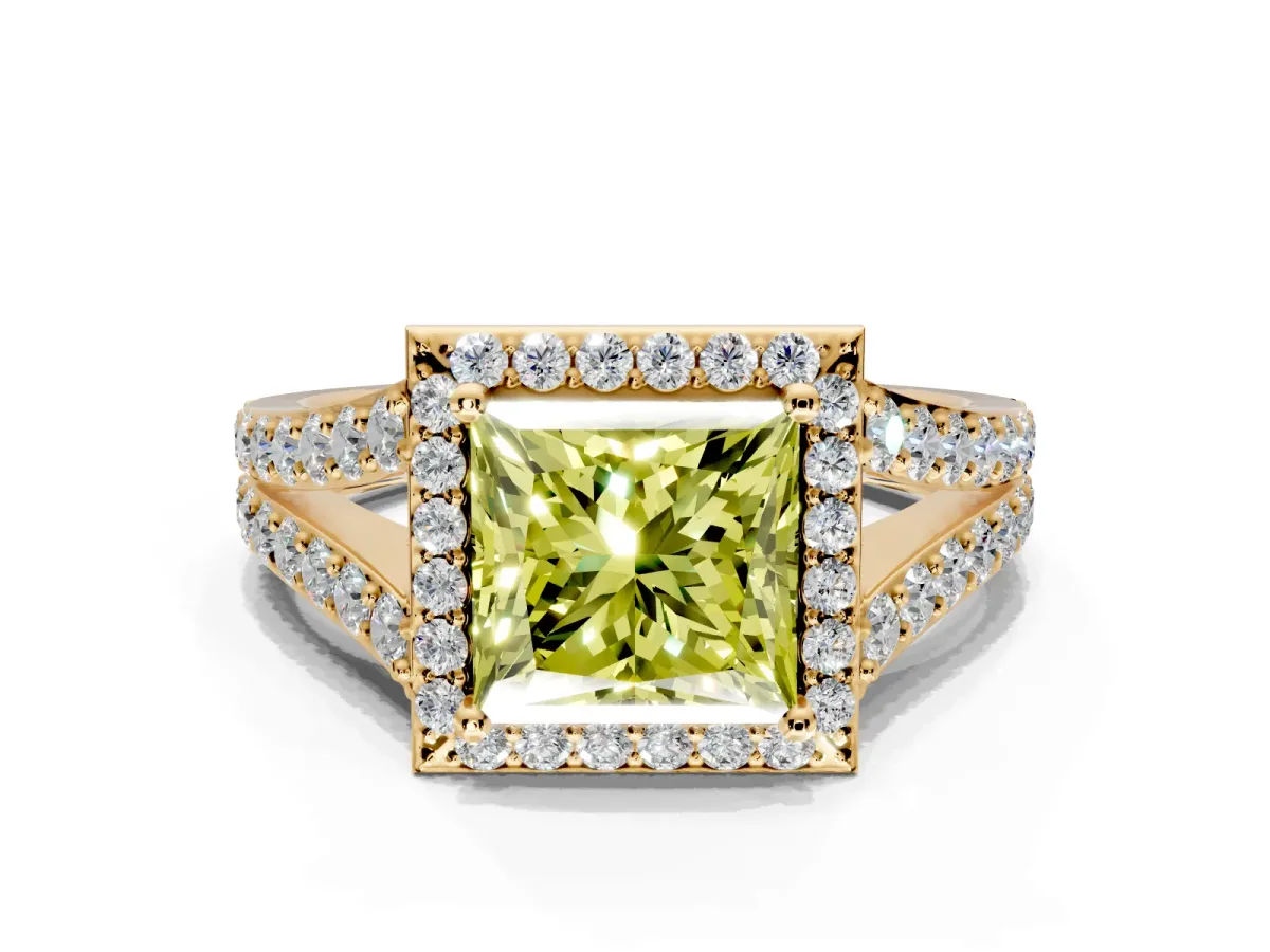 Halo Engagement Ring Setting for Fancy Yellow Princess Cut Center with Narrow Pave Split Shank and Prong Head in Yellow Gold
