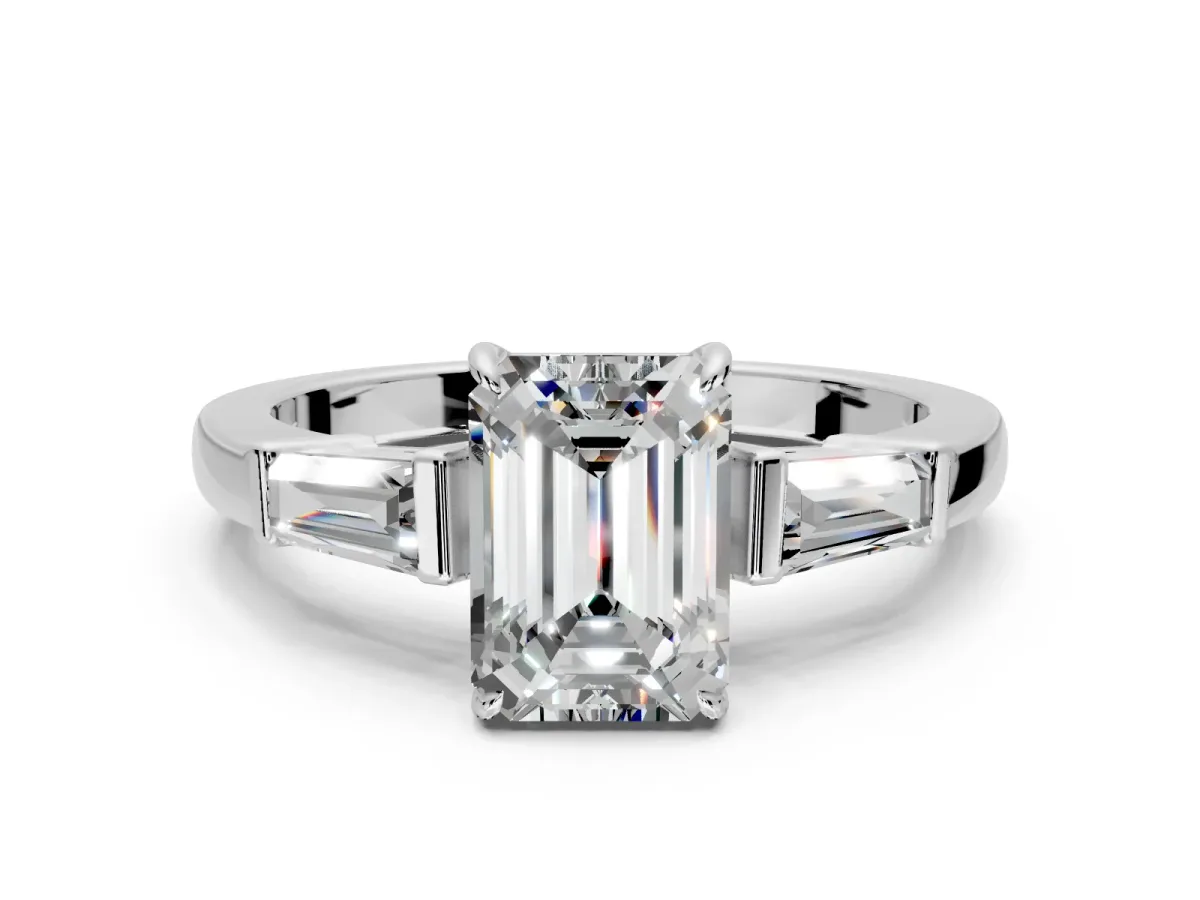 3 Stone Engagement Ring Setting for Emerald Cut Center with Baguette Accents and Prong Head in White Gold