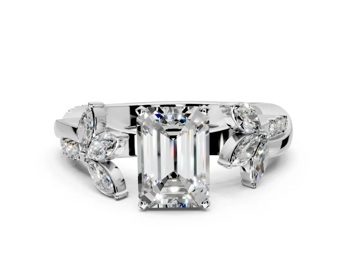 Floral Engagement Ring Setting for Emerald Cut Center with Trailing Marquise Accents and Prong Head in White Gold
