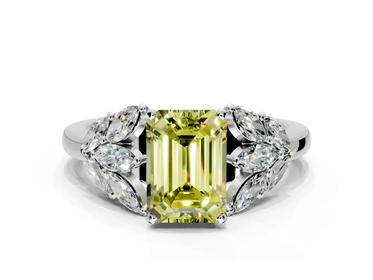 Leaf Cluster Engagement Ring Setting for Fancy Yellow Emerald Cut Center with Marquise Accents and Prong Head in Sterling Silver