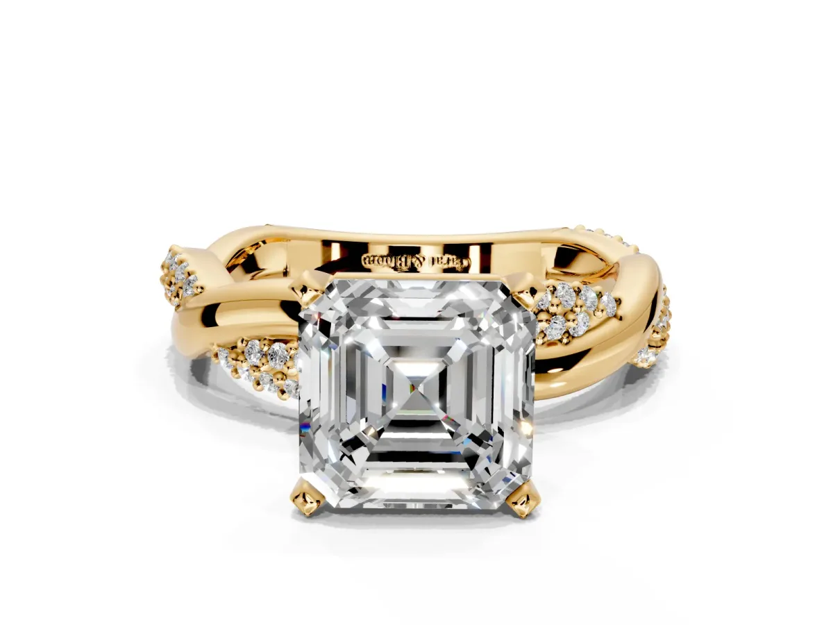 Solitaire Engagement Ring Setting for Asscher Cut Center with Pave and Plain Crossover and Basket Head in Yellow Gold