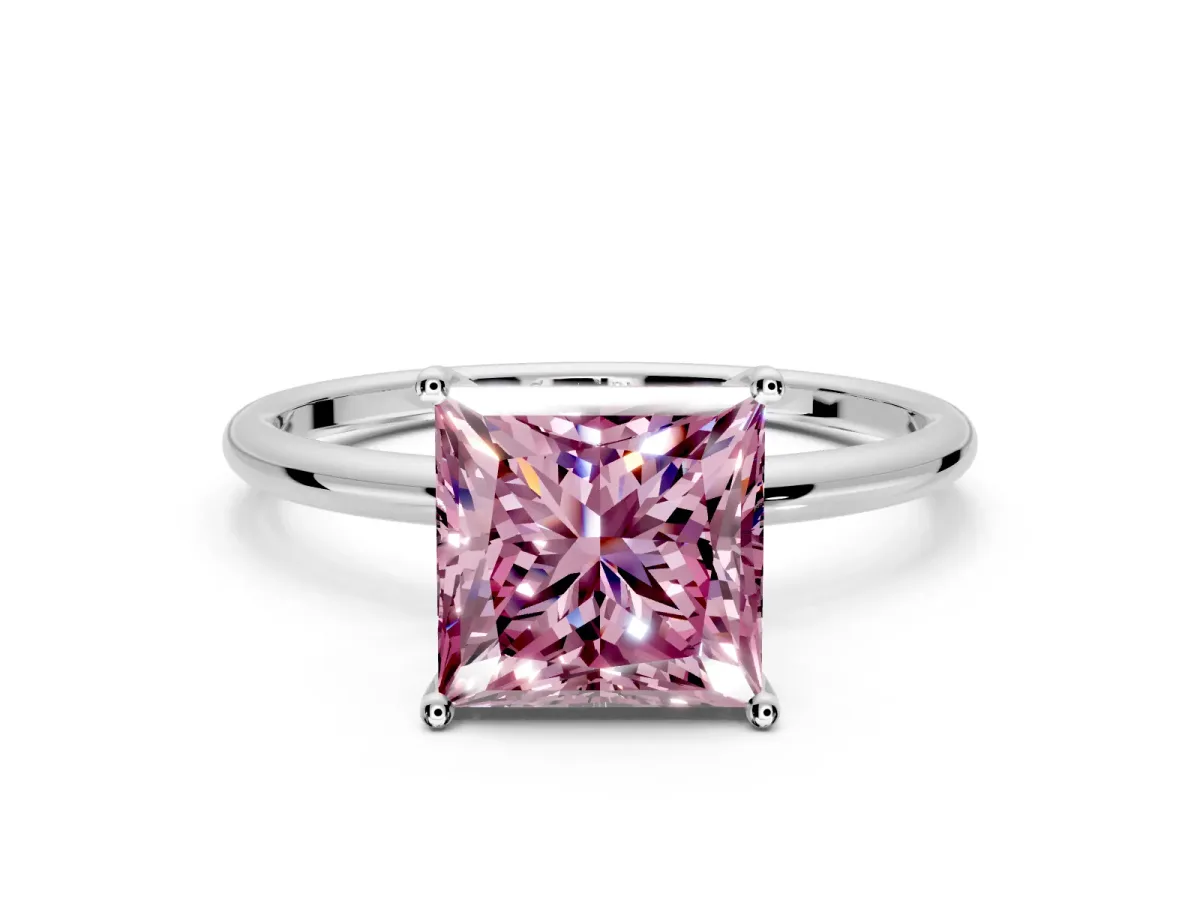 Solitaire Engagement Ring Setting for Fancy Pink Princess Cut Center with Straight Thin Band and Prong Head in Sterling Silver