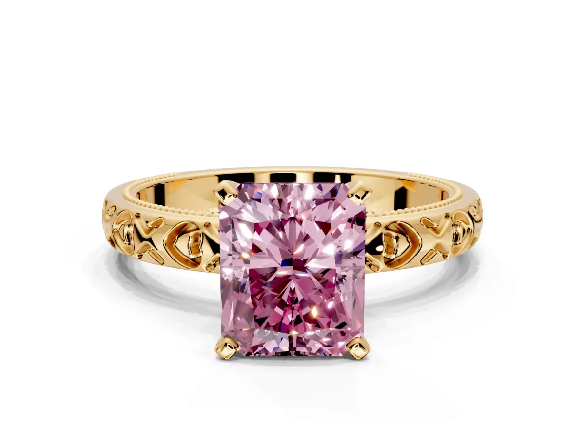 Solitaire Engagement Ring Setting for Fancy Pink Radiant Cut Center with XO Engraved Band and Prong Head in Yellow Gold