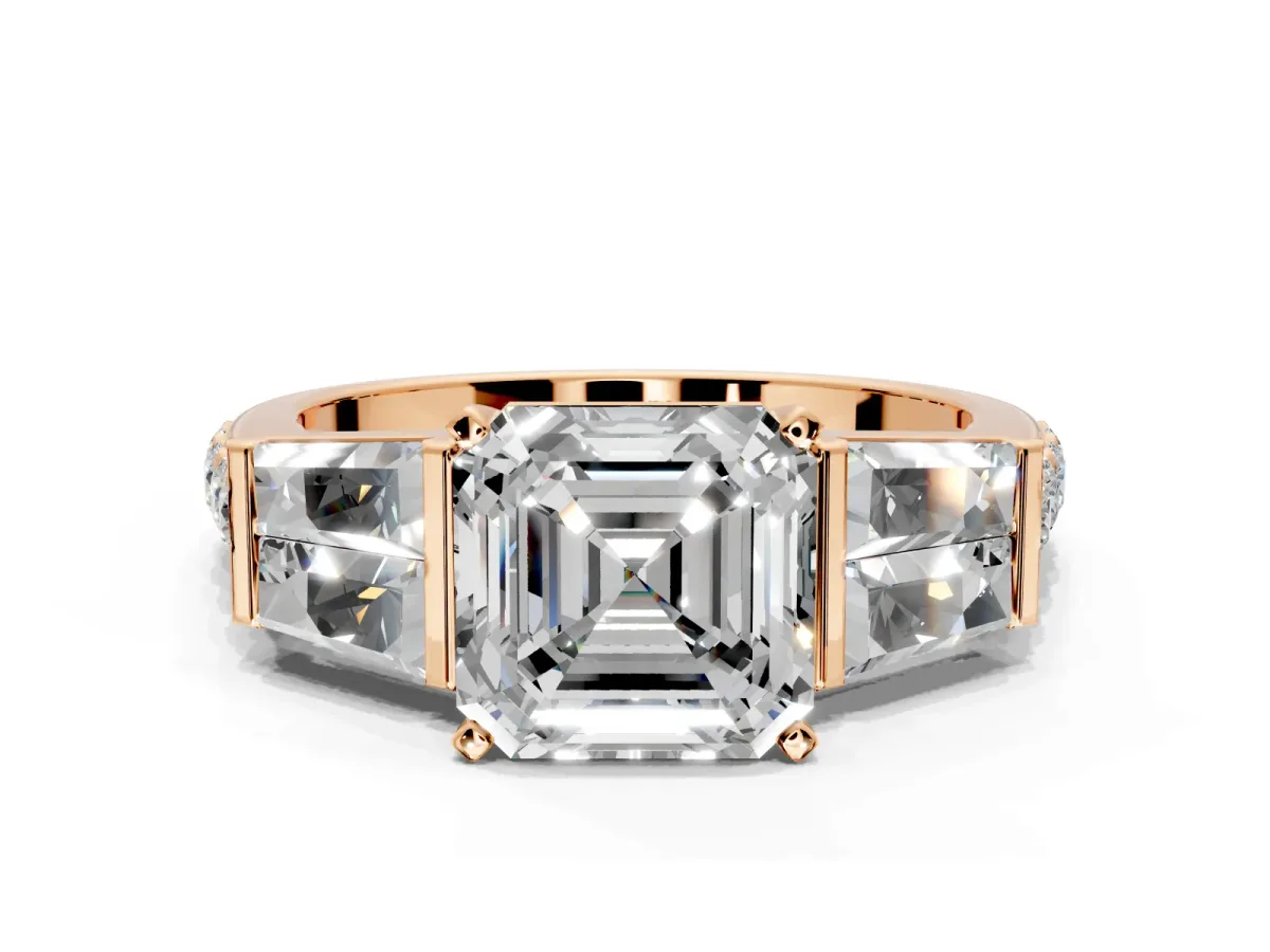 Channel-Set Engagement Ring Setting for Asscher Cut Center with Baguette Band and Prong Head in Rose Gold
