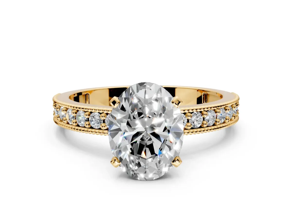 Milgrain Pave Engagement Ring Setting for Oval Center with Accent Band and Prong Head in Yellow Gold
