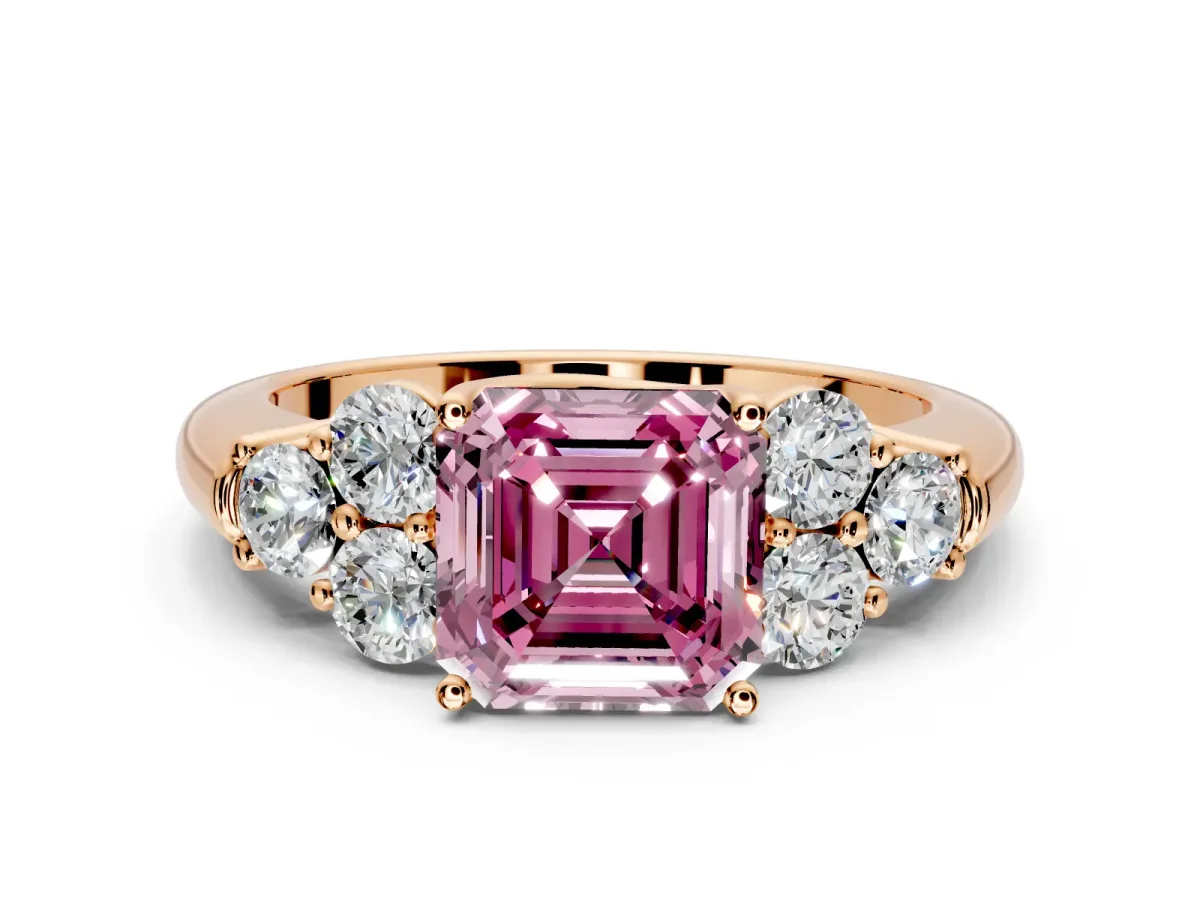 Cluster Engagement Ring Setting for Fancy Pink Asscher Cut Center with Round Cut Accent Frame and Prong Head in Rose Gold