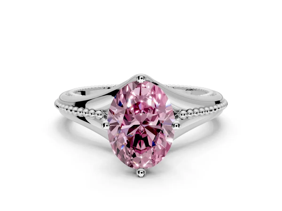 Solitaire Engagement Ring Setting for Fancy Pink Oval Center with Milgrain Cathedral Band and Prong Head in Sterling Silver
