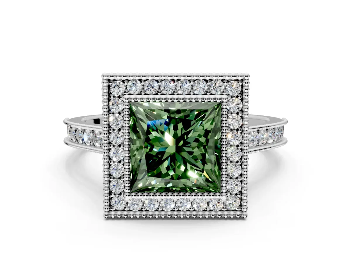 Halo Engagement Ring Setting for Fancy Green Princess Cut Center with Milgrain Pave Band and Bezel Head in Sterling Silver