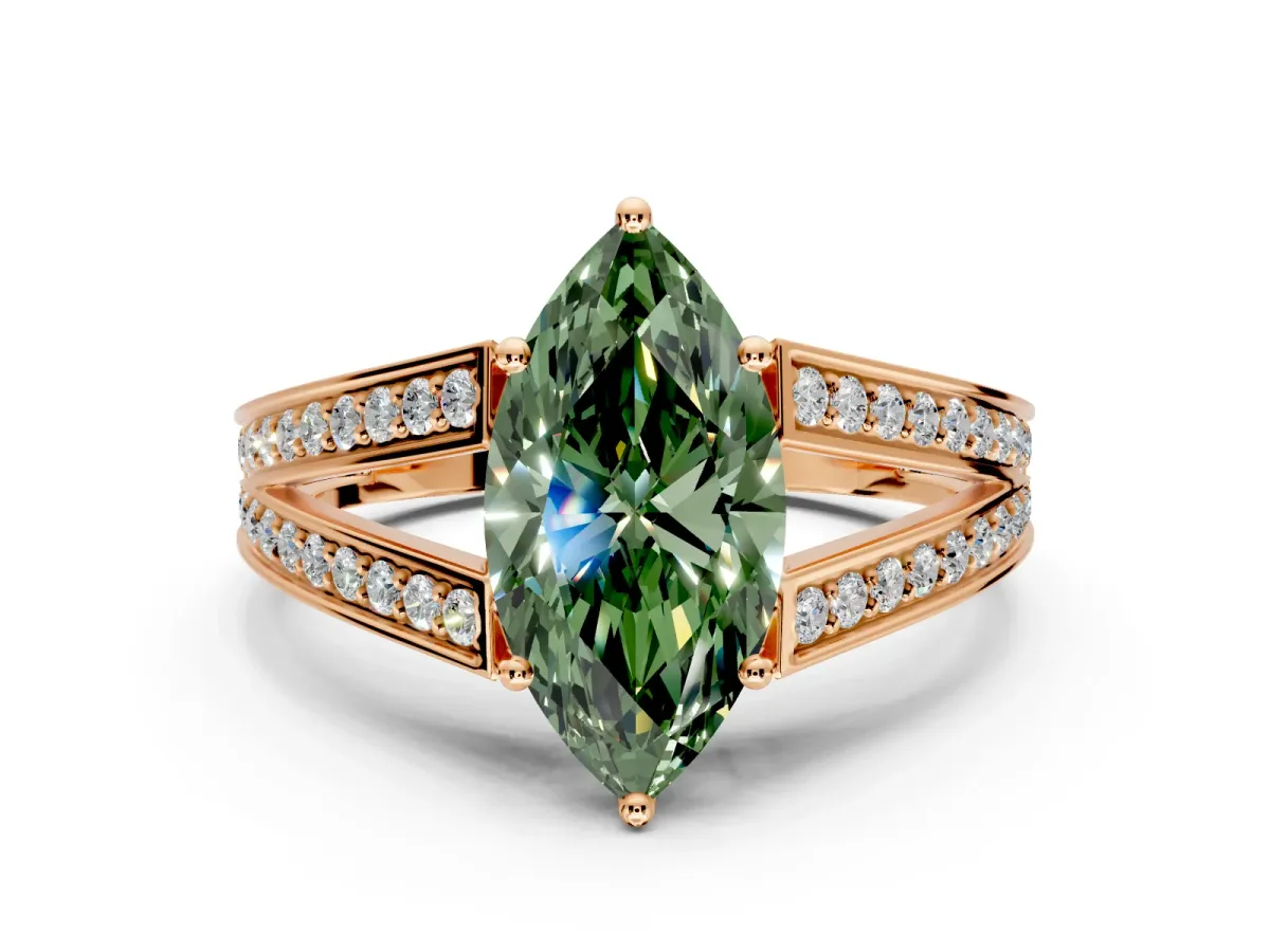 Split Shank Engagement Ring Setting for Fancy Green Marquise Center with Pave Split Shank and Prong Head in Rose Gold