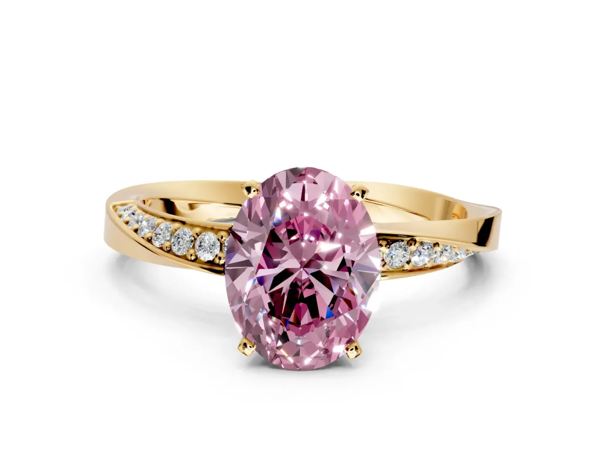 Side Accent Engagement Ring Setting for Fancy Pink Oval Center with Accent Shoulders and Prong Head in Yellow Gold